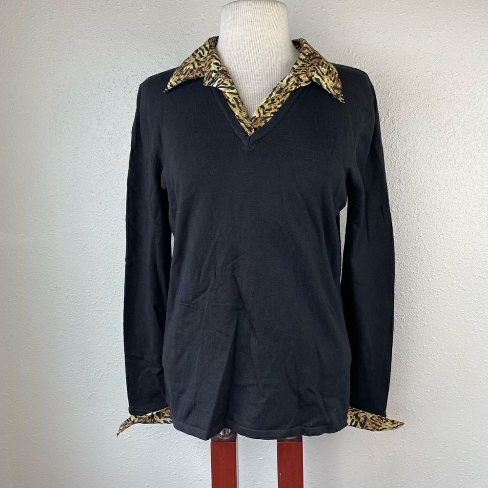 Notations Animal Print Collared Sweater Top Size M EUC